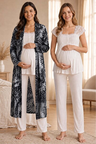 ByLohusa Patterned Dressing Gown Maternity and Breastfeeding Pajama Set Effor...