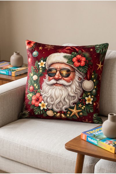 Artvibe Tropikal Noel Baba Desenli 2li Dekoratif Kırlent Kılıfı Seti, Yılbaşı ve Yaz Temalı Retro Salon Dekoru