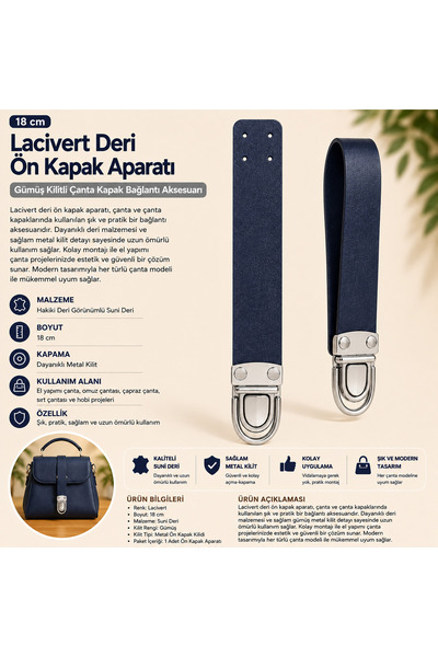 Kanguroom Navy blue leather-look bag handle – 18 cm with silver locking hardware