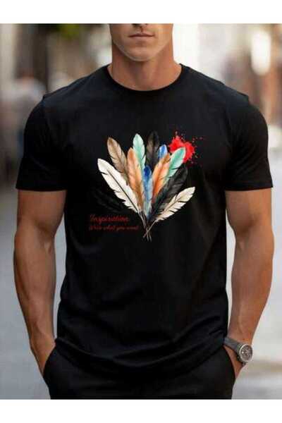 4CR Men'S T Shirts Crew Neck Feathers Colorful Watercolor Art Design Commute ...