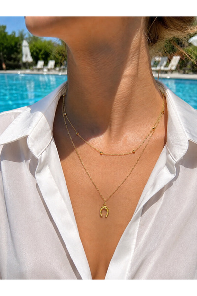 ZEYNORA JEWELLERY 14k Gold Çelik Şans Getiren Nal Figürlü İkili Zincir Kolye-...