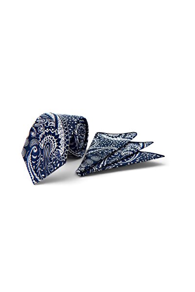 VENCHY Lacivert beyaz Paisley Desen Mendilli Kravat 8108-4MK