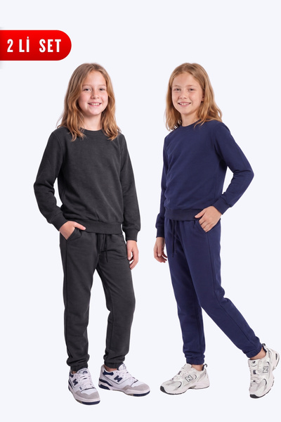 FYK KİDS Girl's 2-Piece Plain Crew Neck Double Pocket Tracksuit Set