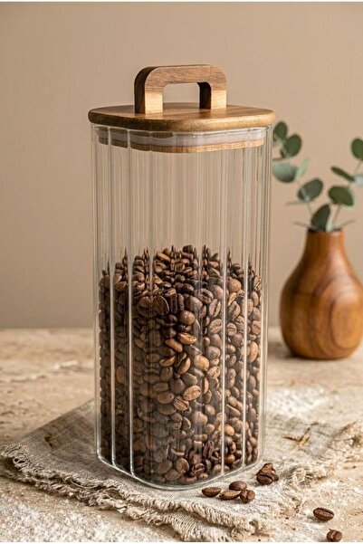 Atbyhome Acacia Handle Vacuum Lid Square Striped Glass Jar 1850 ml - Borosili...