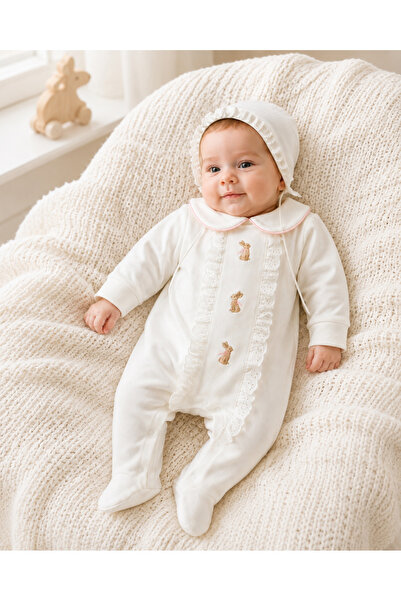 O Baby Obaby Baby Girl 3-3-6 Months Rabbit Embroidered Fluffy Jumpsuit with G...