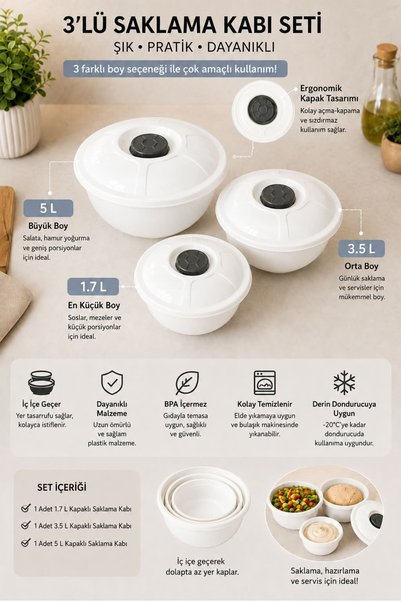 zemihra 3-Piece Plastic Storage Container Set with Lids - Dough Fermentation Container (5Lt + 3.5Lt + 1.7Lt)