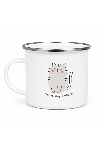 OEM Κούπα εμαγιέ  "Always stay PAWsitive ", από εμαγιέ μέταλλο, λευκή.