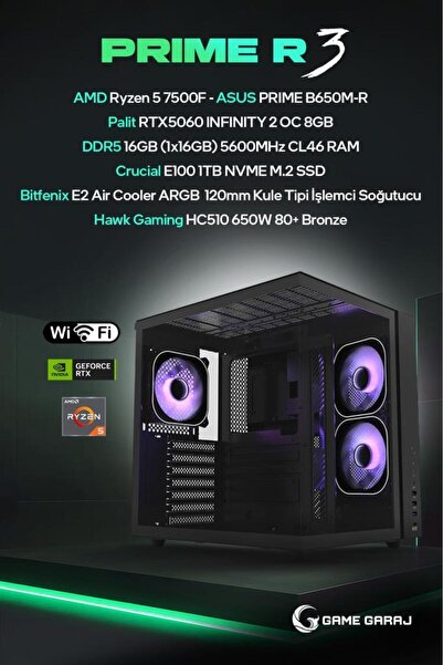 Game Garaj Prime R3 AMD R5 7500F RTX5060 16GB RAM 1TB SSD FreeDOS Oyuncu OEM ...