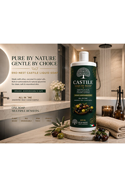 EKO-NEST Pure Castile Liquid Soap 1L – 100% Olive Oil Natural Soap – 18-in-1 Vegan Liquid Soap – Sulfate & Paraben Free – Face, Body, Hair, Pet