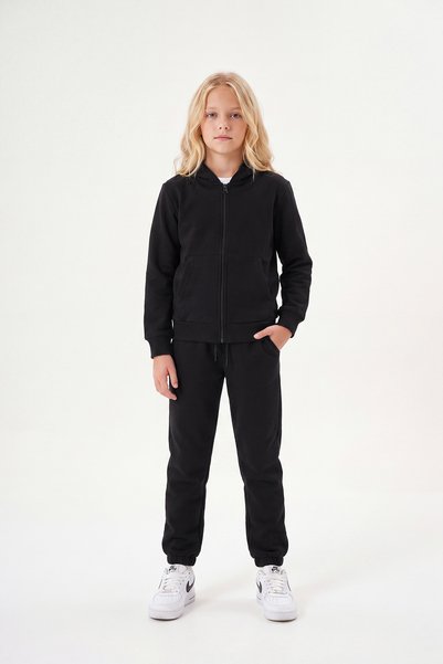 FYK COLLECTİON Girl's Basic Zippered Hooded Double Pocket Tracksuit Set