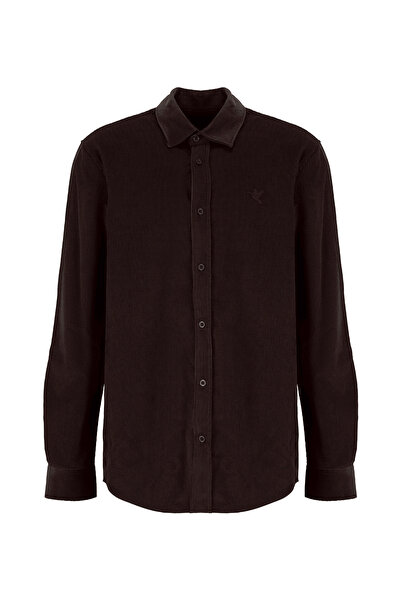 Fabrika Kahverengi Erkek Slim Fit Fitilli Gömlek F5WM-GML 2378 N