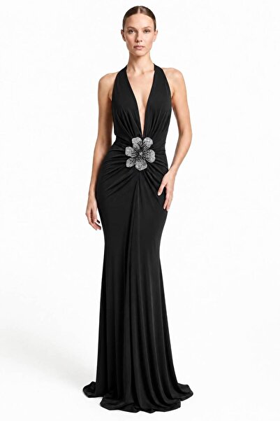 SpringStore Siyah Çiçekli Halter Abiye