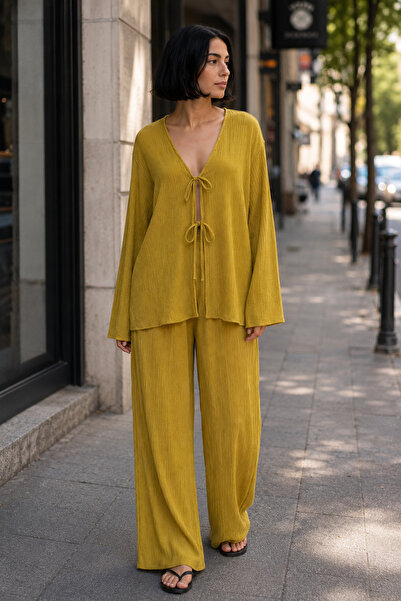 FEWTİNT Few Tint Women's V-Neck Tie-Up Blouse and Comfortable Pants Bottom To...