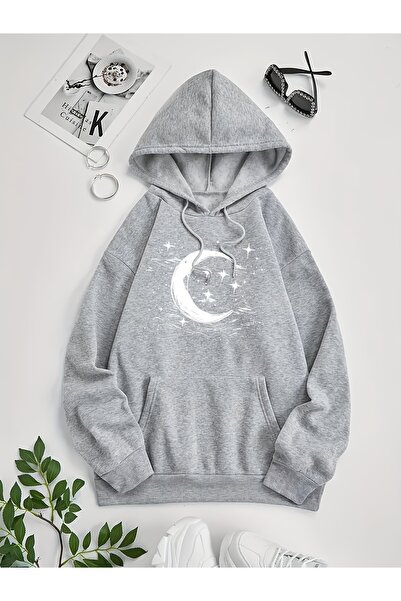uyguntarz Unisex Star Moon Printed Oversize Hoodie Hooded Sweatshirt