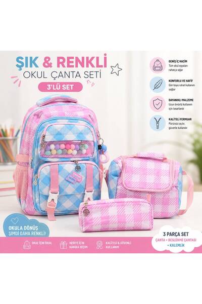 tüftürük Astral Polo Club Colorful Patterned Five-Compartment 3-Piece School ...