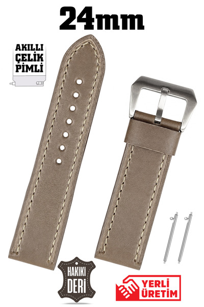 Saatse 24mm Brown Sport Genuine Leather Watch Band Strap with Smart Pins