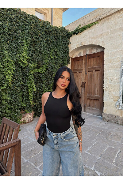 kırmızı butiks Black Halter Basic Bodysuit