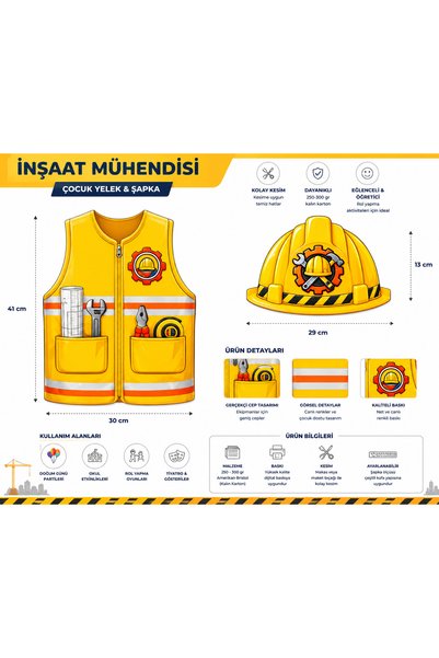 GREATOY Construction Engineer Kids Costume Cardboard Vest and Hard Hat Hat 2 Piece Occupation Costume Role Play Set