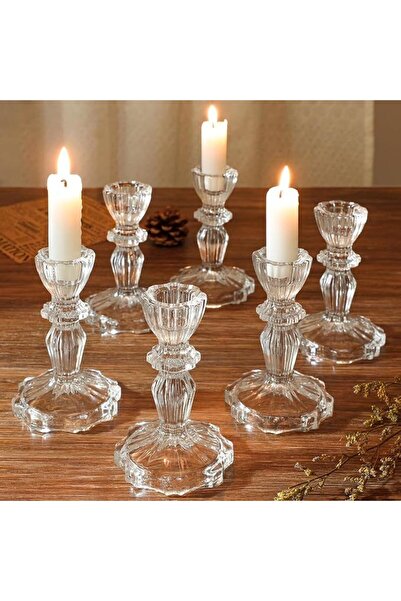 Home Zone Set of 6 Clear Taper Candle Holders for Table Centerpiece, Gold Tal...
