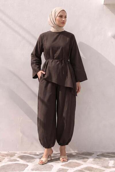 Salih Çelebi Asymmetric Voile Suit Y0161 - Aci Brown