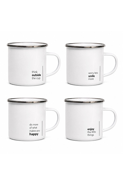 OEM Set of 4 enamel mugs with Motivational Messages, enameled metal, white