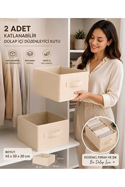 MorPort 2'li Krem Kumaş Katlanabilir Dolap İçi Düzenleyici Kutu 45x30x20 cm |...