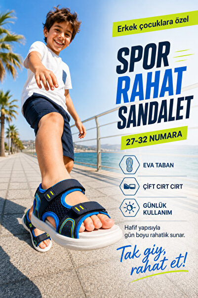 Ayakkabı Deryası Erkek Çocuk Spor Sandalet 27-32 Numara Çift Cırt Cırtlı Hafi...