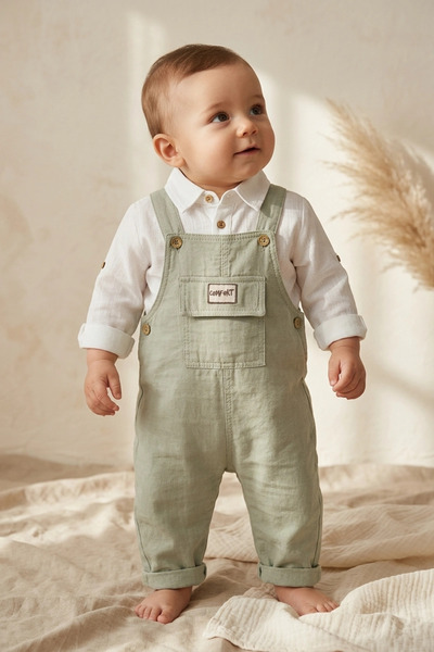 DYZSTAR Dyzstarebaby Boy's Island Tea Green Linen Textured Salopet and White ...