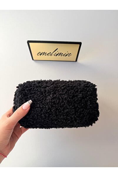 emelimin Women's Black Teddy Plush Makeup Bag – Soft Textured Cosmetic Bag
