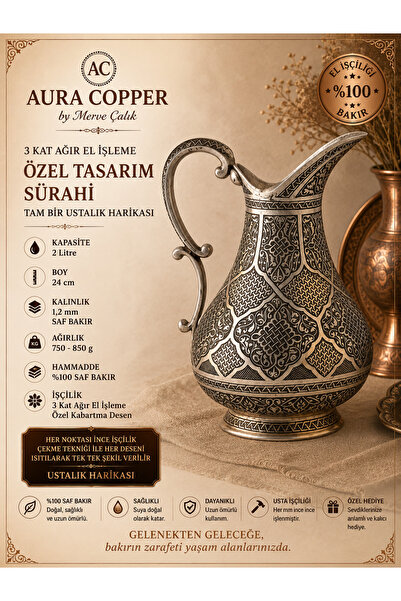 AURA COPPER 3 Kat Ağır El İşlemeli Bakır Sürahi 2 L Gümüş Renk 1,2 mm 24 cm Ö...