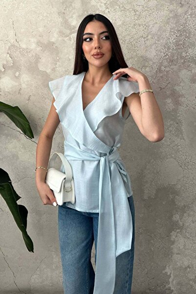 Moda Days Γυναικεία μπλούζα με διπλό γιακά, μανίκια με βολάν, δεμένη στη μέση...