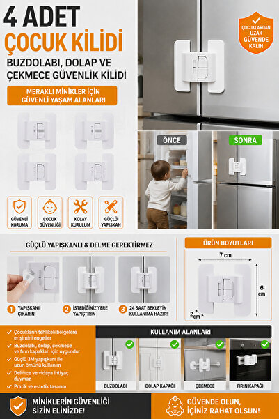 4 Adet Çocuk Kilidi | Buzdolabı, Dolap ve Çekmece Kapağı Güvenlik Kilidi | Yapışkanlı Bebek Çocuk Güvenlik Aparatı