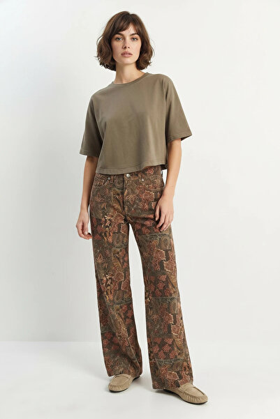 Efnaz style Women's Vintage Pattern High Waist Denim Khaki Trousers