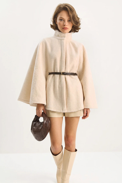 Efnaz style Women's Boucle Fabric Araboy Belted Cashmere Poncho Beige