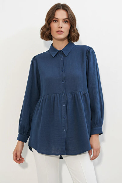 Efnaz style Women's Drawstring Waist Zipper Detailed Oversize Linen Navy Blue...