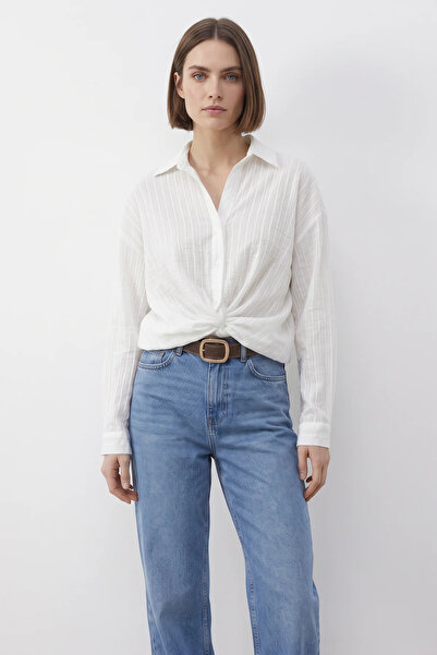 Efnaz style Women's Casual Striped White Shirt with Gathered Detail on the Front