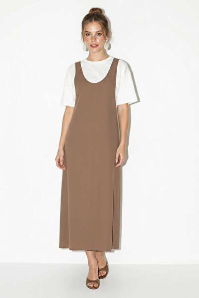 Efnaz style Women's Basic Strappy A-Line Maxi Beige Dress