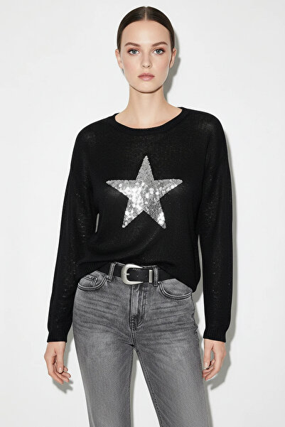 Generic Brand Women's Star Patterned Sequin Detailed Mercerized Knitwear Blac...