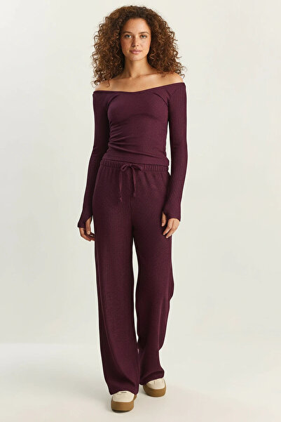 Efnaz style Women's Wide Leg Crinkle Knitted Plum Pants