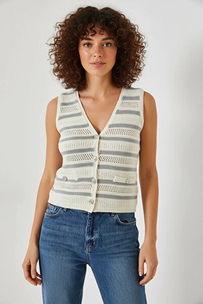 Efnaz style Women's V-Neck Three-Button Striped Knitwear Ecru Gray Vest