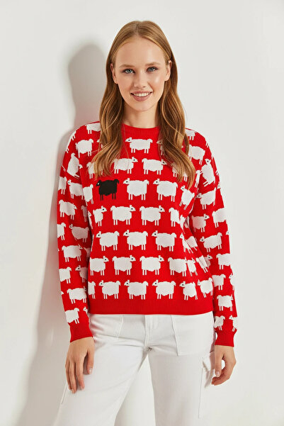 Efnaz style Women's Sheep Patterned Knitwear Red and White Sweater