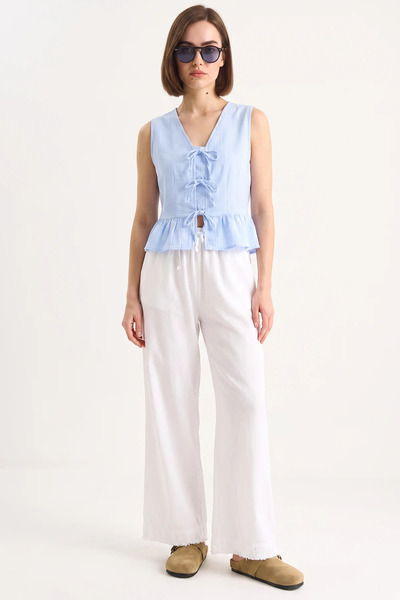 Efnaz style Women's Elastic Waist, Detailed Cuffs, Palazzo Style, Cotton Whit...