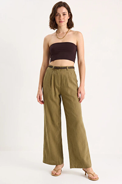 Generic Brand Women's Straw Belted Pocket Detailed Striped Linen Palazzo Khak...