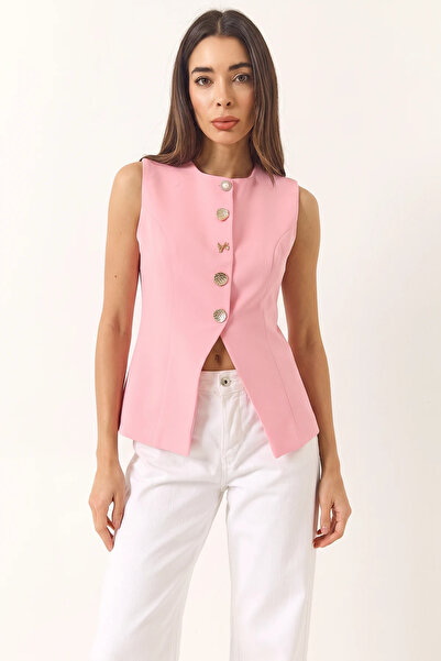 Efnaz style Women's Regular Bisilet Collar Gold Button Detailed Lined Woven C...