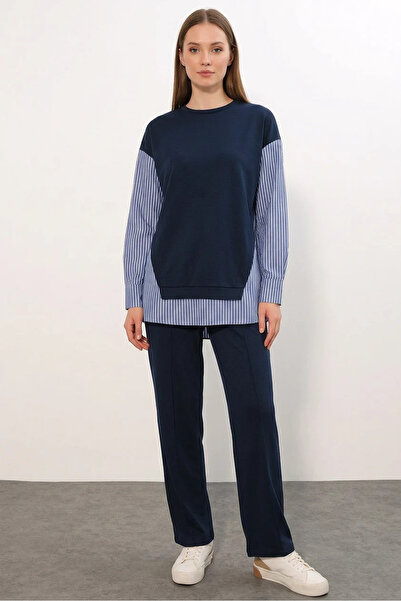 Efnaz style Women's Round Neck Striped Navy Blue Set
