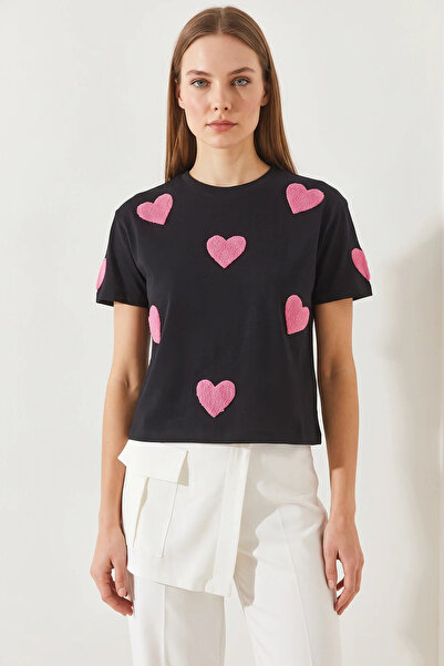Şeker Portakalım Women's Heart Embroidered Basic t Shirt Black