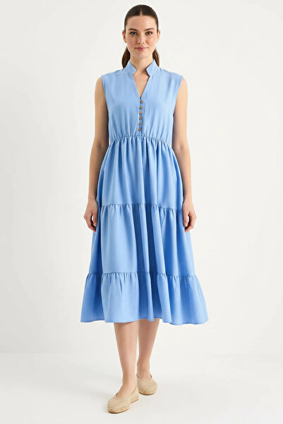 Efnaz style Women's Striped Elastic Waist V-Neck Flounce Summer Blue Dress