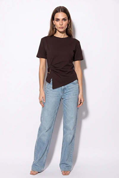 Efnaz style Women's Cotton Crew Neck Asymmetrical Cut Bitter Brown Blouse wit...