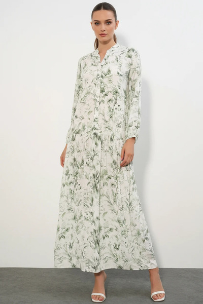 Efnaz style Women's High Collar Gathered Waist Floral Patterned Viscose Green...