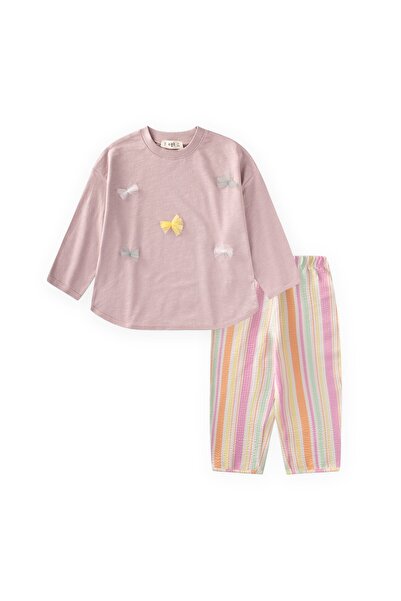Cigit Oversize T-Shirt Pants Set 2-10 Years Lilac Orange Striped